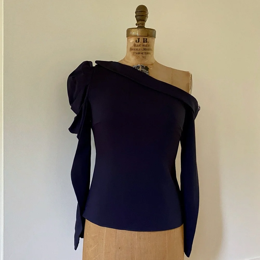 Cushnie et Ochs Navy One-Shoulder Gathered Sleeved Top NWT